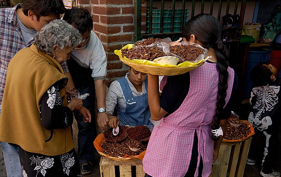 Woman selling chapulines - fried grasshoppers - at Mercado 20 de Noviembre, Oaxaca